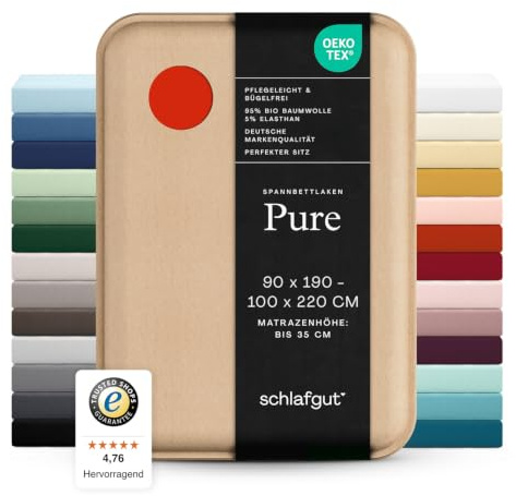 schlafgut Pure Spannbettlaken 90x200 cm Bio-Baumwolle Jersey, Red Mid | Bettlaken, Spannbetttuch 100x200, 90x190 bis 100x220 cm, Rot, Mako Baumwolle Elasthan, bis 35 cm Steg