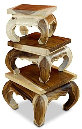 3er Set Opiumtische - Akazie Massivholz Beistelltisch - Blumenpodest in verschiedenen Größen (Natur, Set)