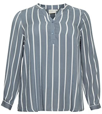 Kaffe Curve Camiseta de Manga Larga para Mujer, diseño de Rayas en V Blusas, Blue Mirage/Chalk Stripe, 54 ES/Talla Grande