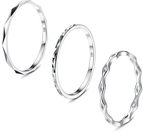 Krfy 3 Stück Ringe für Damen Herren 925 Sterling Silber Stapelbare Einfaches Band Knöchel Ringe 18 Karat Weißgold Plattiert Ehering Diamantschliff Ringe 49.3MM-62.1MM