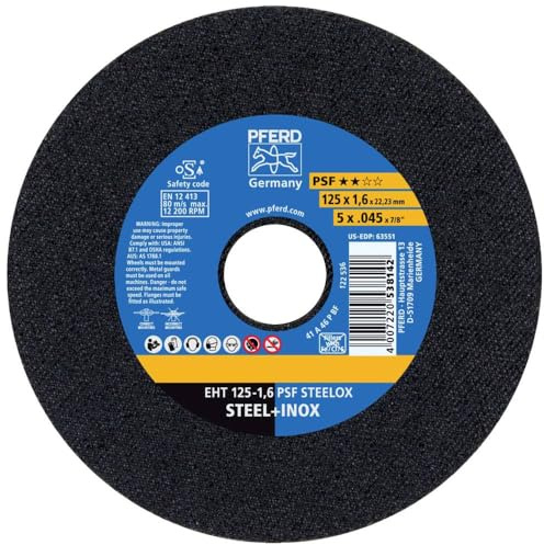 PFERD Cutting Disc EHT, 10 Pieces, 125 x 1.6 x 22.23 mm, Straight, Universal Line PSF Steelox, 69198296 - for Steel and Stainless Steel (INOX)
