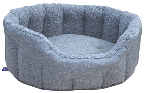 P&L Premium Oval Drop Fronted Bolster Style Heavy Duty Fleece Lined Softee Dog Bed Colour Charcoal/Silver Size Medium—Internal L61cm X W51cm X H22 cm / Base Cushion 7cm thickness