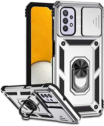 Jeelar ESONG Handyhülle für Samsung Galaxy A72 4G/5G Ständer Hülle,[360 Grad Metall Ring Drehung Halter][Kameraschutz ],Militär Handy Stoßfeste Handytasche Case Outdoor Schutzhülle Cover,Silber