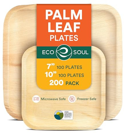 ECO SOUL Kompostierbare, quadratische Palmblatt-Teller, 17,8 cm und 25,4 cm, wie Bambus-Teller, biologisch abbaubar, umweltfreundlich, mikrowellen- und ofenfest, Party-Set, 200 Stück