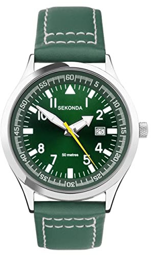 Sekonda 3882 Mens 43mm Quartz Watch in Green with Analogue Date Display, and Green Leather Strap 30104