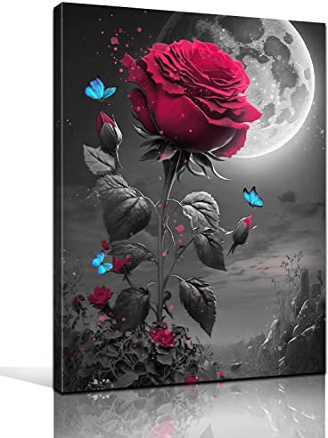 Kepgonegu Schwarz-weiße Wandkunst Rote Rose Blau Schmetterling Leinwand Wandkunst Nacht Mond Landschaft Gerahmtes Gemälde fertig zum Aufhängen für Schlafzimmer Wohnzimmer Badezimmer Größe 40,6 x 61 cm