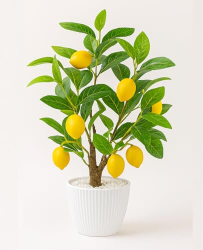 AceList Artificial Lemon Tree with White Pot, 18” Faux Citrus Plant for Kitchen, Bathroom, Office or Shelf Decor, Vibrant Year-Round Home Accent Gift