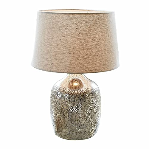 LOBERON Tischlampe Leonarda, Mundgeblasener Fuß, mit Burned-Finish und Filigranem Schliff, Tischleuchte, Wohn-Accessoire, Glas, Leinen, antiksilber/creme