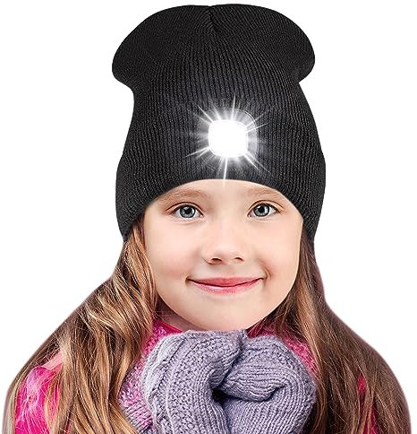 SPGOOD Mütze mit Led Licht Kinder,Led Mütze für Jungen und Mädchen,USB Wiederaufladbare LED Beleuchtete Beanie Mütze mit Licht,Winter Wärmer Haube mit LED Licht(Schwarz)