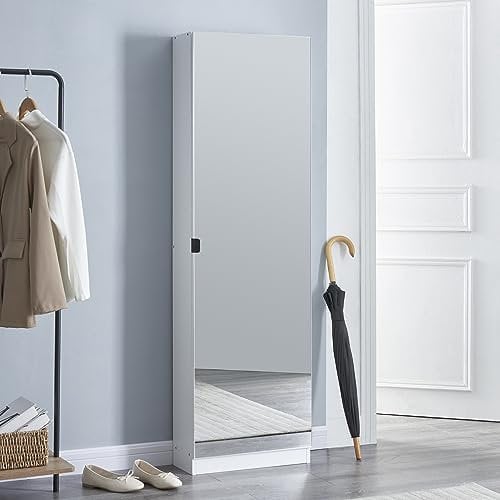 [en.casa] Zapatero Meura Organizador de Calzados con 5 Bolsillos para 10 Pares Puerta con Espejo Aglomerado y Efecto Lana 160 x 48 x 20 cm - Blanco