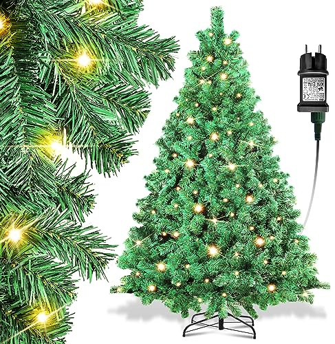 Ikodm Albero di Natale artificiale con ghirlanda luminosa, 150 cm, verde, in PVC, apertura automatica, con 200 LED a luce bianca calda e supporto in metallo, ignifugo
