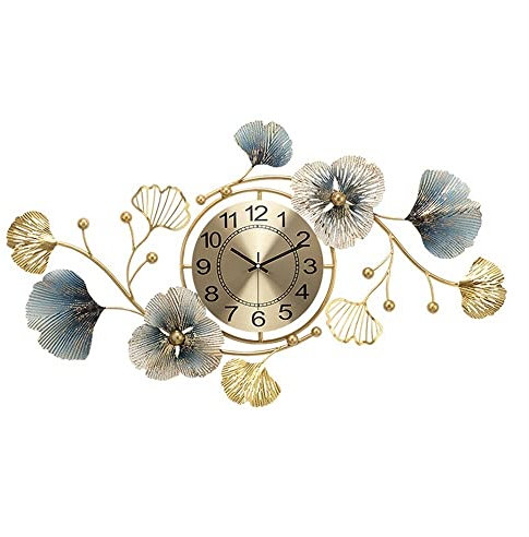 Große Metall Wanduhren Decor Dekorative Wanduhr mit Ginkgo-Blatt, moderne Kunst, große Metall-Wanduhr, geräuschlos, nicht tickend, Heimwanddekoration, Uhren for Küche, Wohnzimmer, Schlafzimmer, Badezi