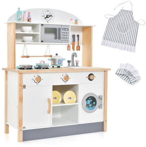 HOMASIS Cocina Infantil de Madera con Delantal y Gorro de Cocinero, Cocina de Juguete con microondas, Lavadora y escurridor, Utensilios de Cocina para Mayores de 3 años, 79,5 x 35,5 x 98 cm, Blanco