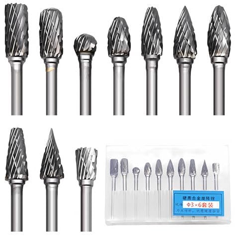 Ormromra 10 Pcs Double Cut Tungsten Steel Rotary Burr Set, Grinder Bits with 1/8'' Shank, Carbide Tool Accessories, Drill Set for DIY Woodworking,Metal Polishing,Carving,Drilling