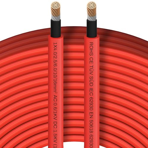 COCOSY Solar Panel Extension Cable 1/2/3/5/8/10/15/20/30m 4mm²/12AWG 1500V Photovoltaic Cable with IP68 Waterproof Connector for Solar System (6mm² / 10AWG Red Cable, 50M (≈164FT))