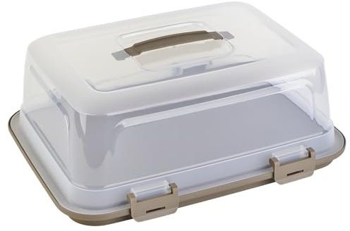 Engelland Rechteckige Kuchen-Transportbox mit Griff, Deckel und 4-fach Klick-Verschluss, Farbe: Rotbraun-Transparent, 44 x 35 x 17,50 cm, BPA-frei, Torten-haube, Stückeinteilungshilfe