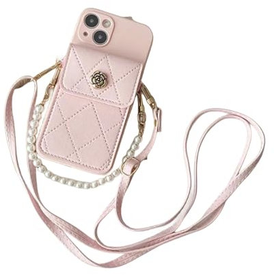JKJHJF iphone Case Card Bag Wallet Pearl Strap Holder Crossbody Phone Case For Iphone 15 14 13 12 11 Pro Max-P-For Iphone 12 Pro