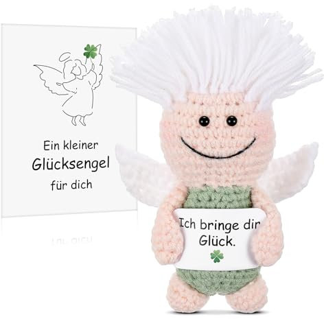 Otuuz Gestrickte Glücksengel Puppe mit Glückskarte Ich Bringe Dir Glück Schutzengel Glücksbringer Positives Geschenk für Prüfungen Auto Geburtstag Frauen Freundin