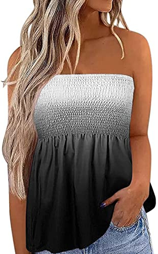 Womens Strapless Tops Bandeau Vest Y2k Smocked Backless Flowy Tube Tops | Floral Ruffled Peplum Tops Pleated Tank Tops Summer Casual Sleeveless Tank Vest Tops