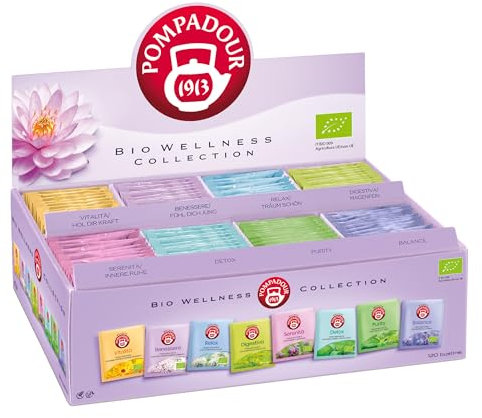 Pompadour, Bio Wellness Collection Box, Cofanetto di Tisane Biologiche, 120 Filtri (8 Miscele Assortite da 15 Filtri), Selezione Pregiata dalle Proprietà Uniche, Senza Lattosio, Glutine e Allergeni