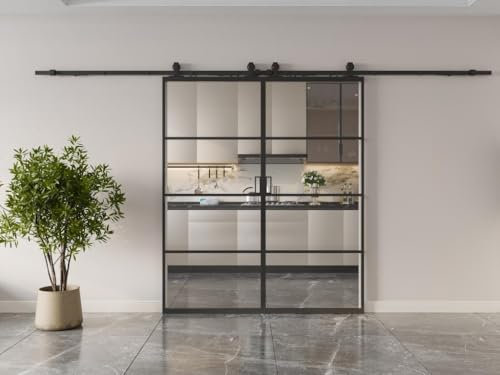 Vente-unique - Porte coulissante double avec systéme en applique - aluminium et verre trempé transparent - 2 x H205 x L83 cm - SINCA II