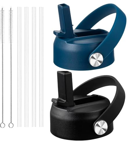 Straw Lid for Hydro Flask Wide Mouth Water Bottles, Top Lids with Straw Compatible with Hydro Flask 32 40 oz, Replacement Cap Wide Mouth Accessories Flip Lid Flex Handle (Black+Indigo - 2 Pack)