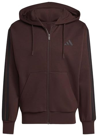 adidas Men's ESSENTIAL THREE STRIPES FLEECE ZIPPER HOODIE, shadow brown/black, XS