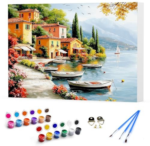 DAERLE Pintar por Numeros Adultos con marco de madera, DIY Pintura por Números Paisaje marino de Venecia, Pintura al óleo de Lienzo con Pinceles y Pigmento Acrílico 40x30 cm