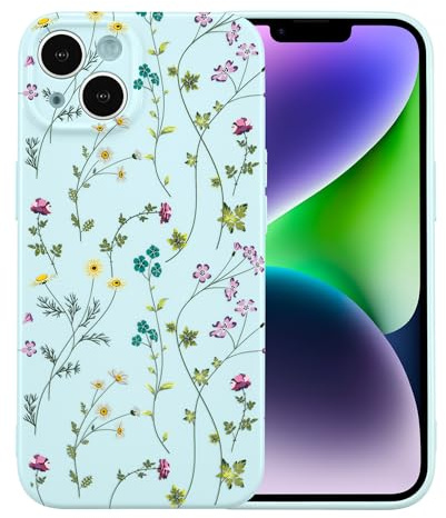 RALEAVO Flower Case for iPhone 14 Plus Cute Shockproof Cover, Blue | For iPhone 14 Plus Floral Spring Aesthetic Pretty Phone Case, Drop-proof Slim Thin Soft TPU Material, Girls & Women Gift