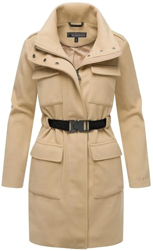MARIKOO Damen lange Übergangsjacke Kurzmantel in Woll-Optik mit Taillengürtel Tanokoo 16 Beige Gr. S