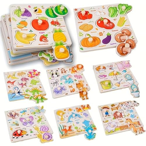 Wooden Peg Puzzle for 2+ year olds, 8Pcs Baby Peg Puzzles 1+, Learning Puzzles Set- Animals, Dinosaur, Fruits, Vegetable, Insect Great Preschool Gifts for Girls and Boys