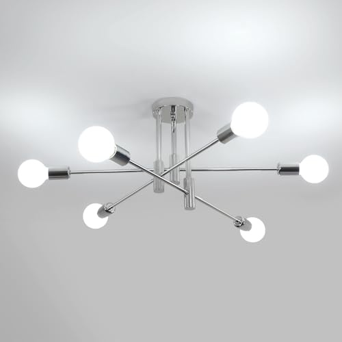 Riserva Deckenleuchte Modern, E27 Deckenlampe Industrial 6 Flammig, Hängelampe Metall Chrom für Schlafzimmer, Wohnzimmer, Esszimmer, Küche, Hotel