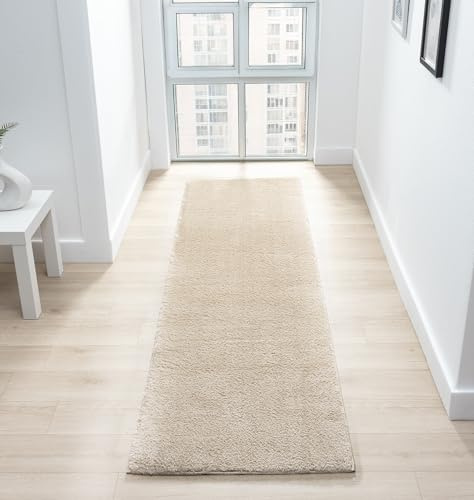 Comfy Washable Plain Non-Slip Hallway Runner Rug, Light Beige, 60x200cm