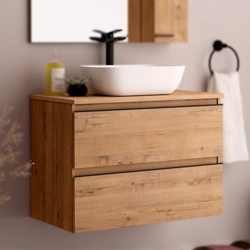 THE BATH POINT Mueble de Baño con Lavabo Black Inglet Top, Acabado en Roble con Preciosa Veta, Ancho de 60 cm