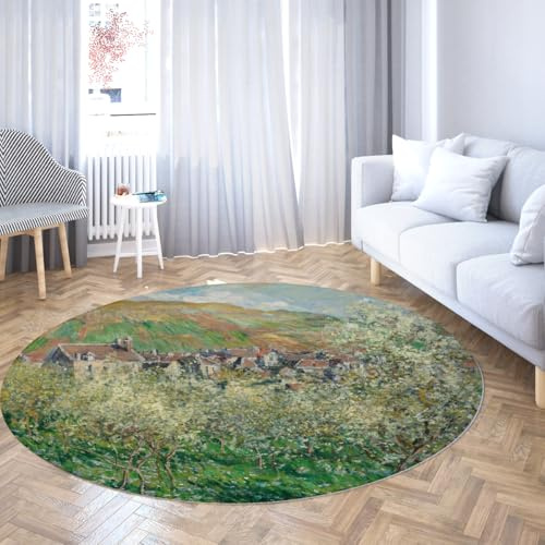 Via Vela Round Rug 80cm Fruit Tree Plum Tree Blossoms Print Washable Low Pile Non-slip Thin Circle Carpet for Cabinet Bathroom Home Hallway Playroom