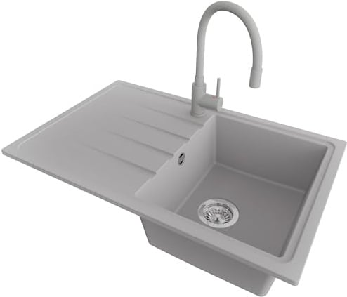PRIMAGRAN Granitspüle ab 45er Unterschrank + Küchenarmatur, 78x50cm | Set: Küchenarmatur BW6020 + Ablauf-Set (Siphon, Ablaufgarnitur, Überlauf) + Spülbecken 1 Becken - Mailand, Grau