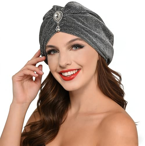 Paxrmuky Silber Glitzer Damen Turban Hut mit Kristall Diamant Indischer Turban Hut 1920er Jahre Damen Mode Kostüm Accessoires