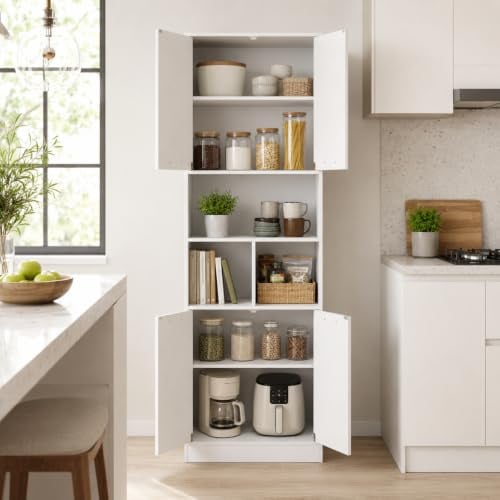 ZECIIYE Küchenschrank Hochschrank (60x40x180,5 cm), Mehrzweckschrank mit 4 Türen & & 3 Fächern,verstellbaren Einlegeböden, Vorratsschrank für Küche, Badezimmerschrank & Wohnzimmerschrank, Weiß matt