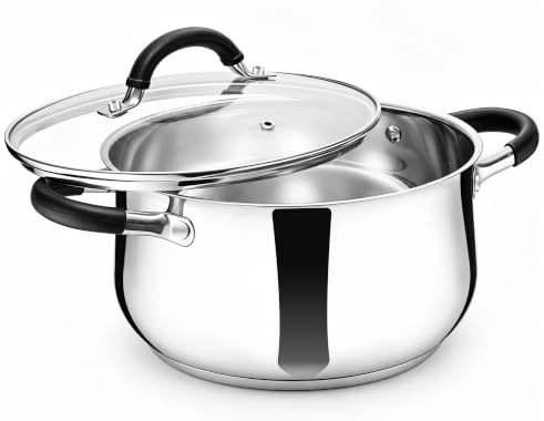 Herogo Stock Pot, 4.5L Stainless Steel Cooking Stockpot with Visible Lid | Tri-Ply Bottom Soup Pot for Pasta, Fit For Induction/Gas/Electric/Ceramic, , Heatproof Handle & Glass Lid, Dishwasher Safe