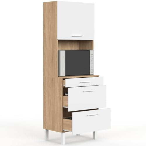 IDMarket - Columna de cocina microondas y cacerola 60 cm CINA 2 puertas de haya y blanco
