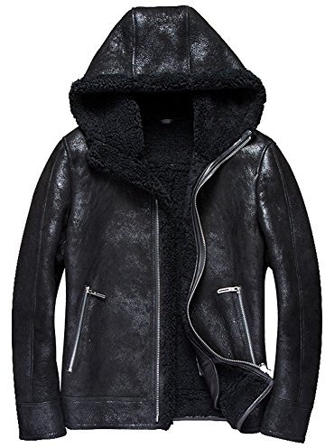 Denny & Dora Winter Original Pelzmantel mit Herren Lederjacke, Schaffell Mantel mit Kapuze (Schwarz, L)
