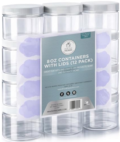 Healthy Packers Small Plastic Jars with Lids (235 ML, 12 Pack) - Clear Plastic Food Storage Containers- Great for Your Slime, Jam, Creams and More! - BPA Free