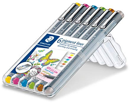STAEDTLER bunte pigment liner, dokumentenechte Pigmenttinte, lange Metallspitze, Linienbreite 0,3mm, lange Lebensdauer, 6 Liner in 6 unterschiedlichen Farben, 30803S2SB6