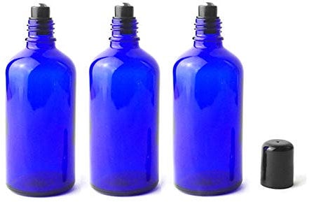Lot de 3 flacons rechargeables vides en verre bleu cobalt 100 ml avec billes en acier inoxydable et bouchon noir