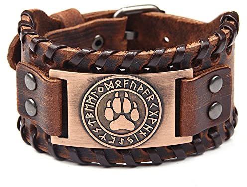 Thajaling Wikinger Wolf Nordische Runen Leder Armband Herren Retro Punk Halloween Kostüm Leder Armband, Adjustable (18-22.5cm), Braun