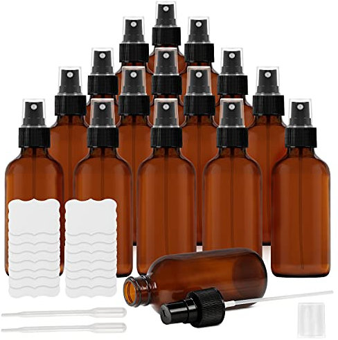 BELLE VOUS 16er Pack Kleine Sprühflasche aus Braunglas 120ml Sprühflasche Glas - Nachfüllbare Braunglas Sprühflaschen zum Befüllen mit Etiketten für Ätherische Öle, Reinigung, Aromatherapie & Parfüm