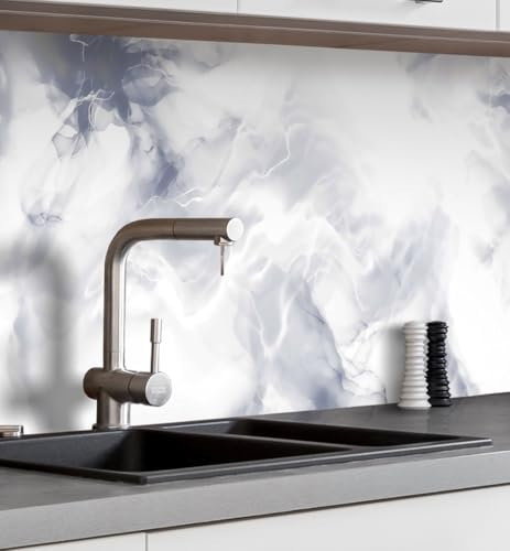 MyMaxxi Küchenrückwand Folie selbstklebend matt - einfache Montage ohne Bohren 0,4mm stark Versteift - Motiv Marmor blau weiß 60cm hoch - Spritzschutz Küche Klebefolie - Steine Mauer 280 x 60cm
