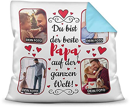 Kissen mit Füllung zum selbst Gestalten mit 4 Fotos - Für den besten Papa - Hochwertige Kissenhülle mit Reißverschluss, Rückseite Hellblau, 40 x 40 cm
