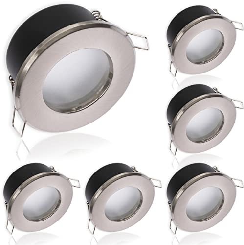 Einbaustrahler LED Spots Badezimmer 6er Einbauleuchte Einbauspot Deckenstrahler Spot für den Außenbereich Satin rund Aluminium IP44 inkl. 6W Leuchtmittel GU10 Fassung Warmweiß 3000K 120°