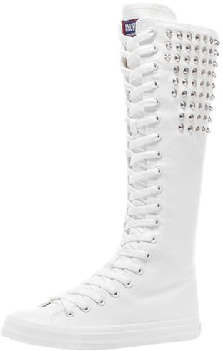 Jamron Chicas Mujer Moda Rodilla Alta con Cordones Botas de Lona Puro Blanco Cremallera Botas de Danza Remache SN816 EU42